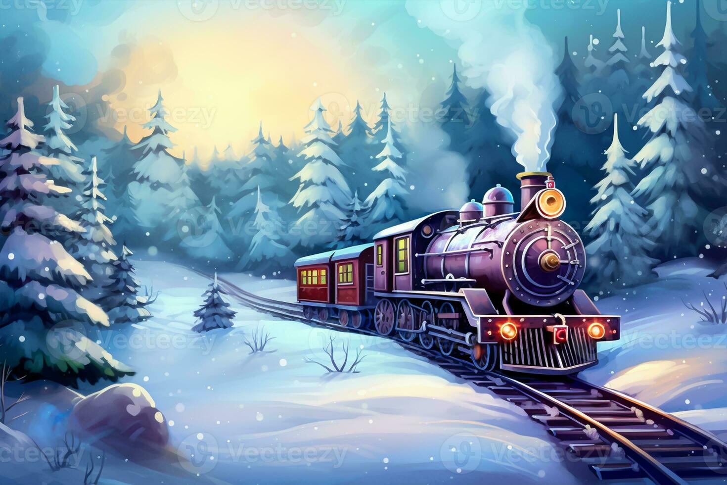 vapeur locomotive sur le Contexte de le hiver paysage. photo