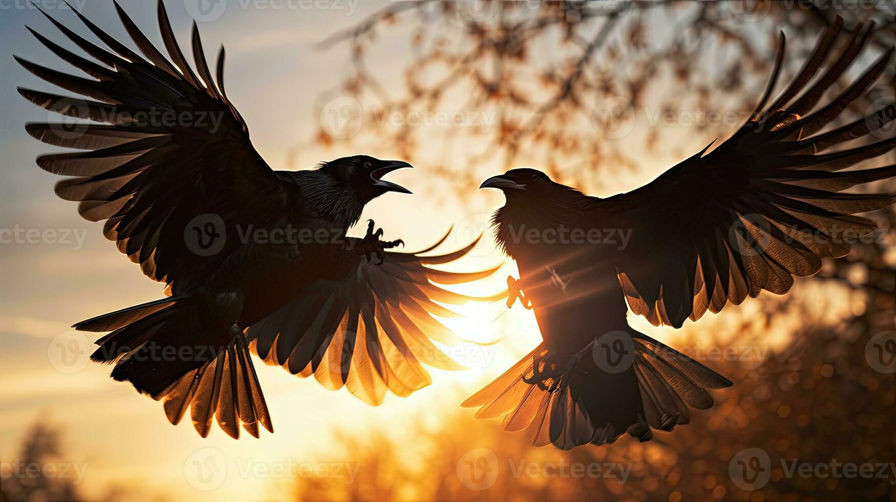 corbeaux se battre dans le ciel. silhouette concept photo