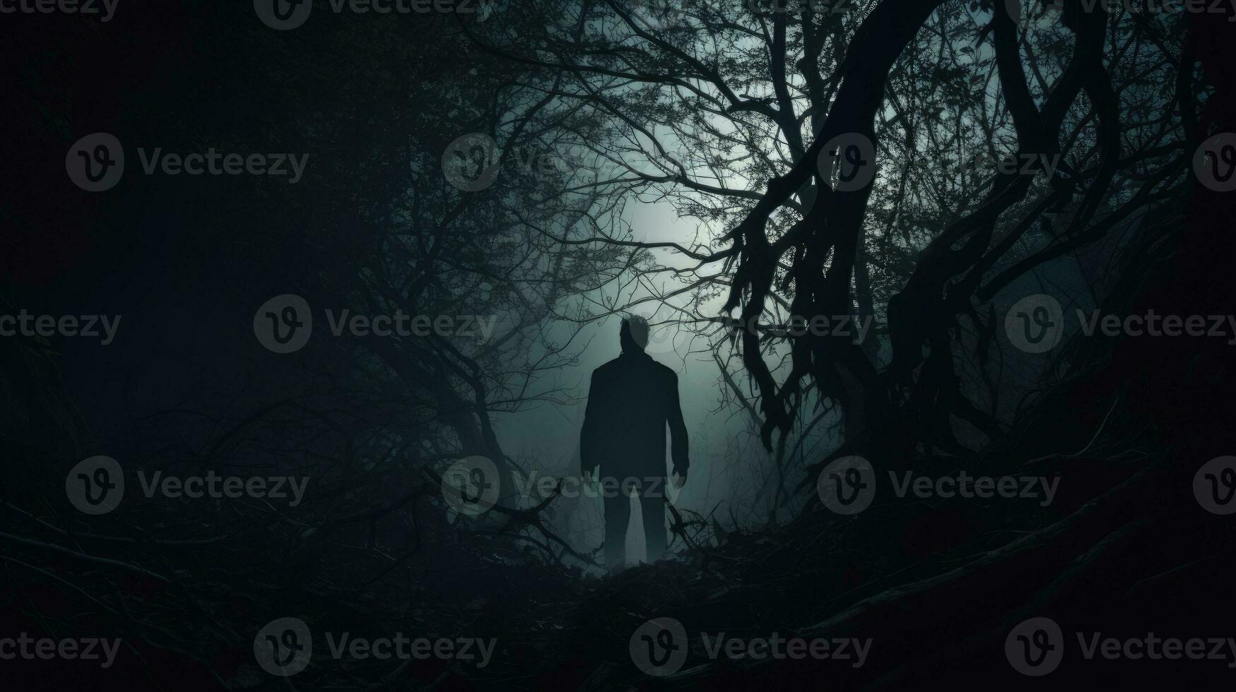 terrifiant figure dans ombragé les bois. silhouette concept photo