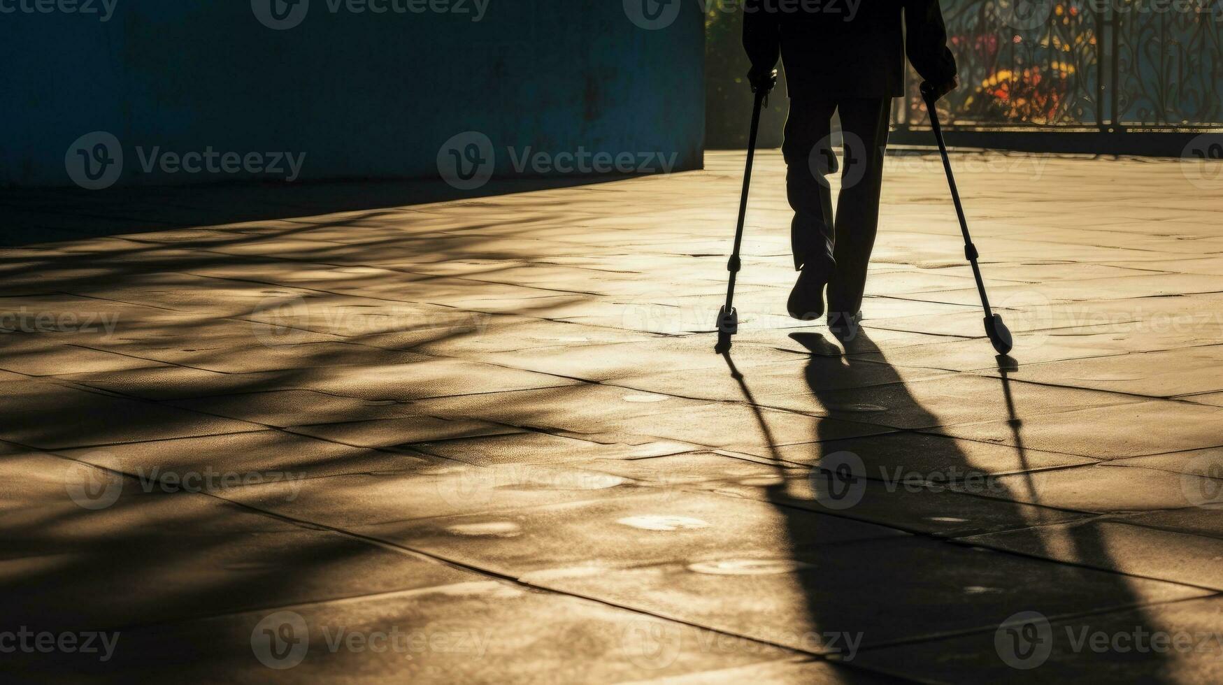 personnes âgées la personne avec une canne ombres sur le route symbolisant vieux âge et colonne vertébrale mixte maux. silhouette concept photo