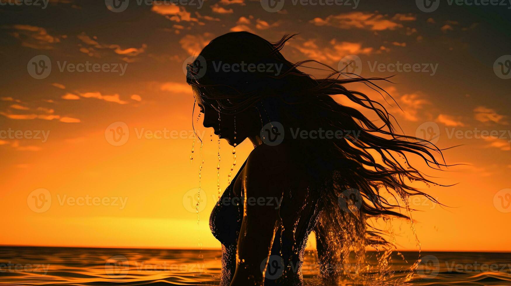 fille s silhouette à le coucher du soleil avec abstraitement humide cheveux photo