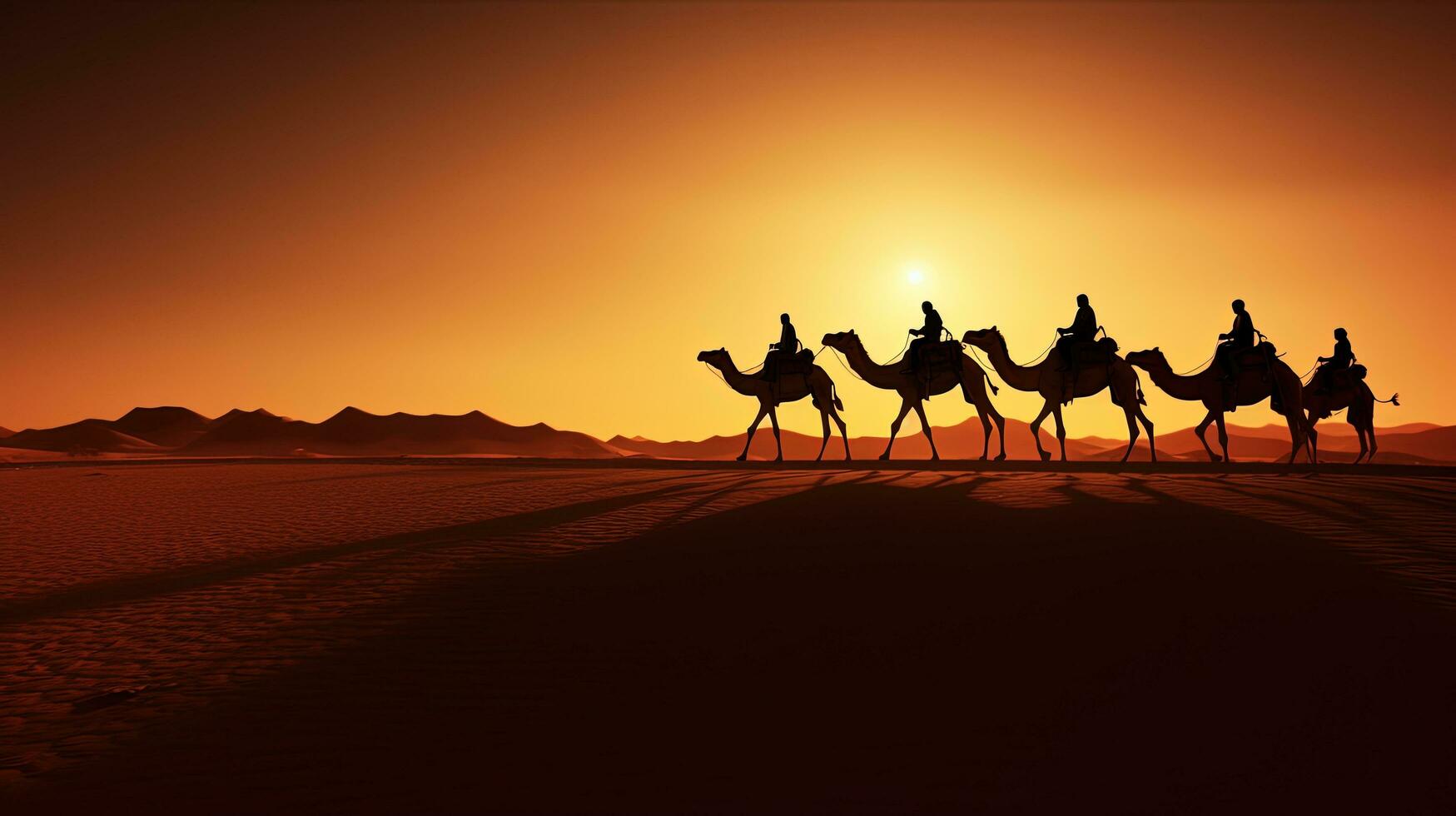 chameau visites guidées dans Sahara désert guidé par une berbère avec chameau ombres. silhouette concept photo