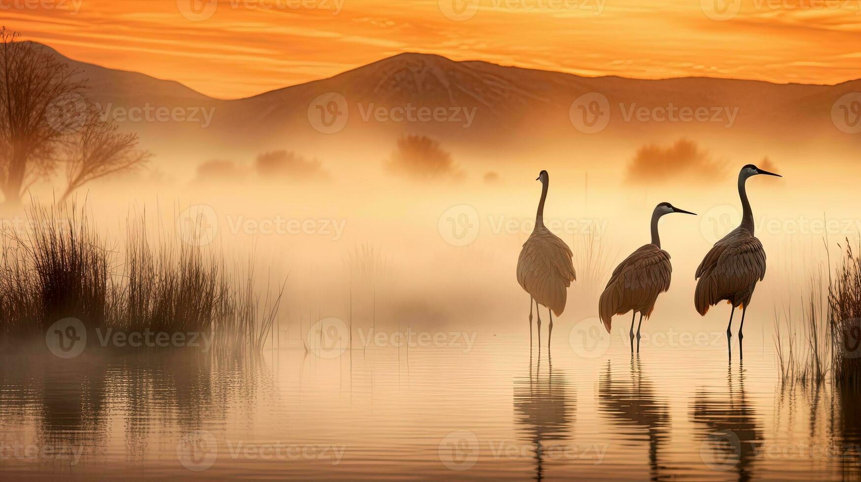 grues dans brouillard bosque del apache nm. silhouette concept photo