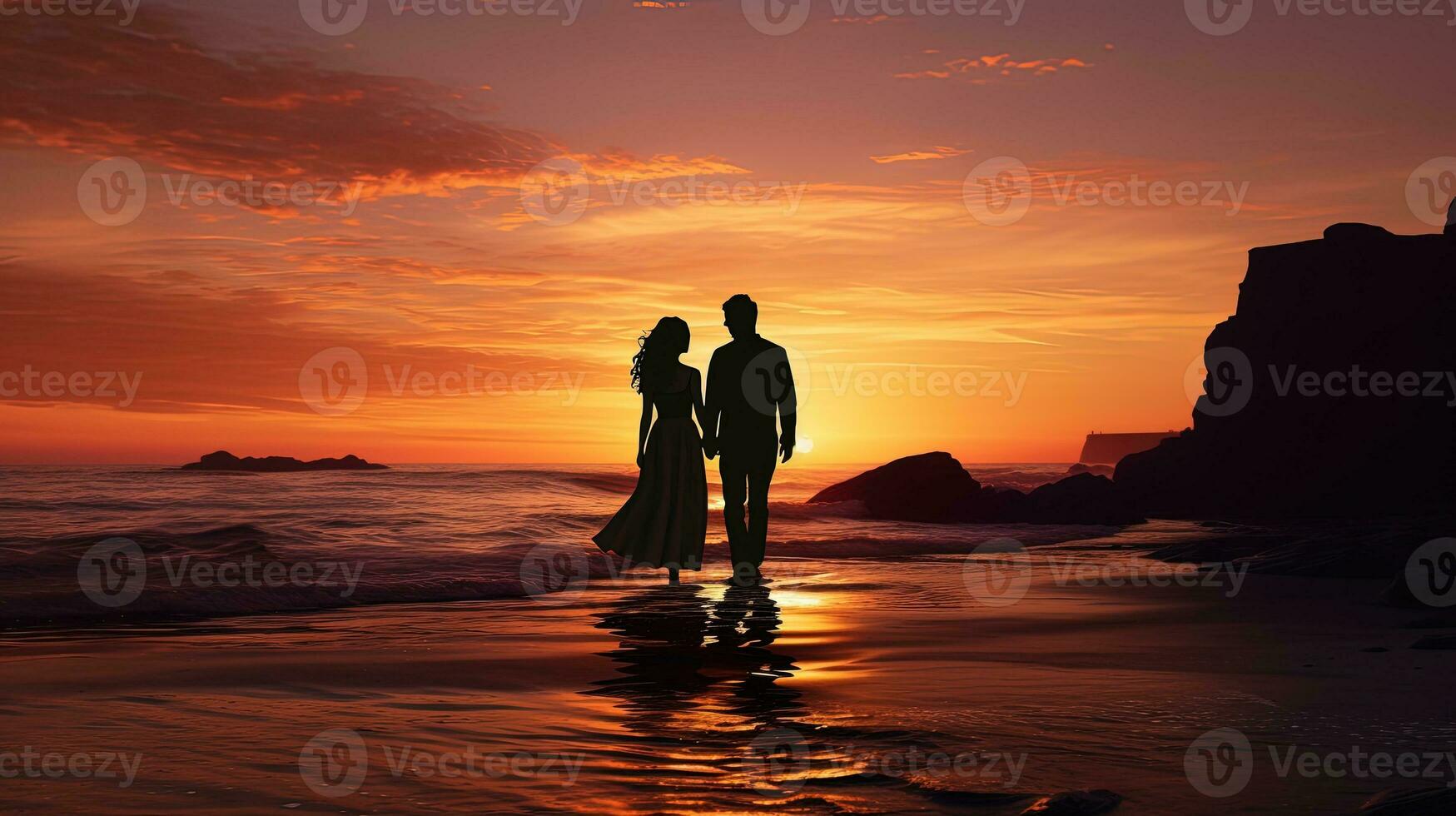 silhouette Jeune couple contre le coucher du soleil dans une côtier paysage photo