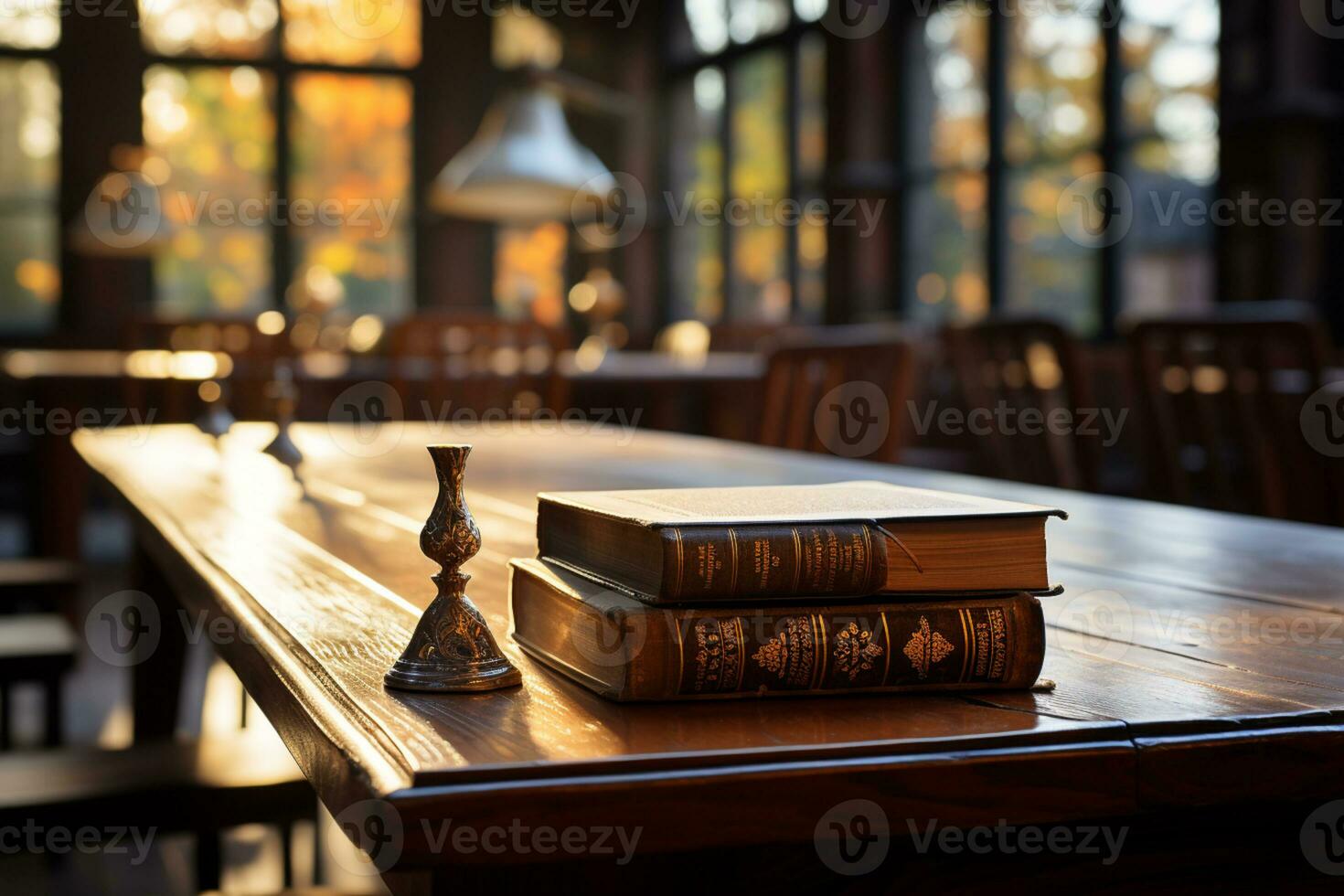 ouvert livre sur une en bois table avec flou bibliothèque Contexte niveau des yeux vue photo