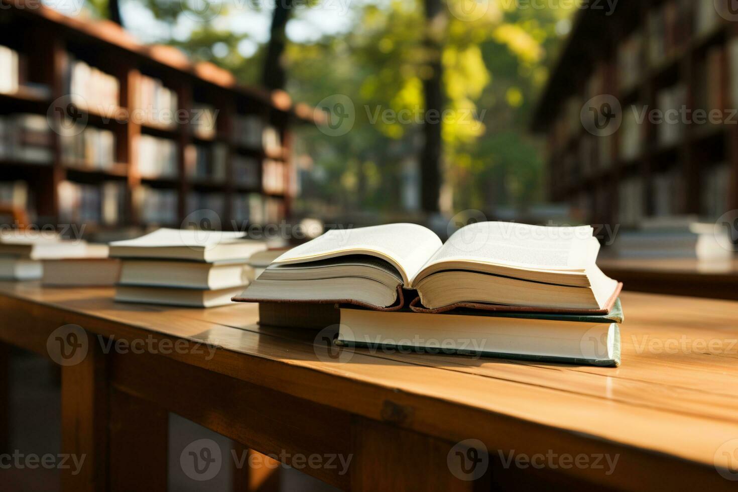 ouvert livre sur une en bois table avec flou bibliothèque Contexte niveau des yeux vue photo