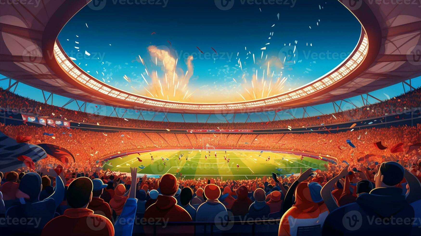 football stade avec Ventilateurs et feux d'artifice à nuit photo