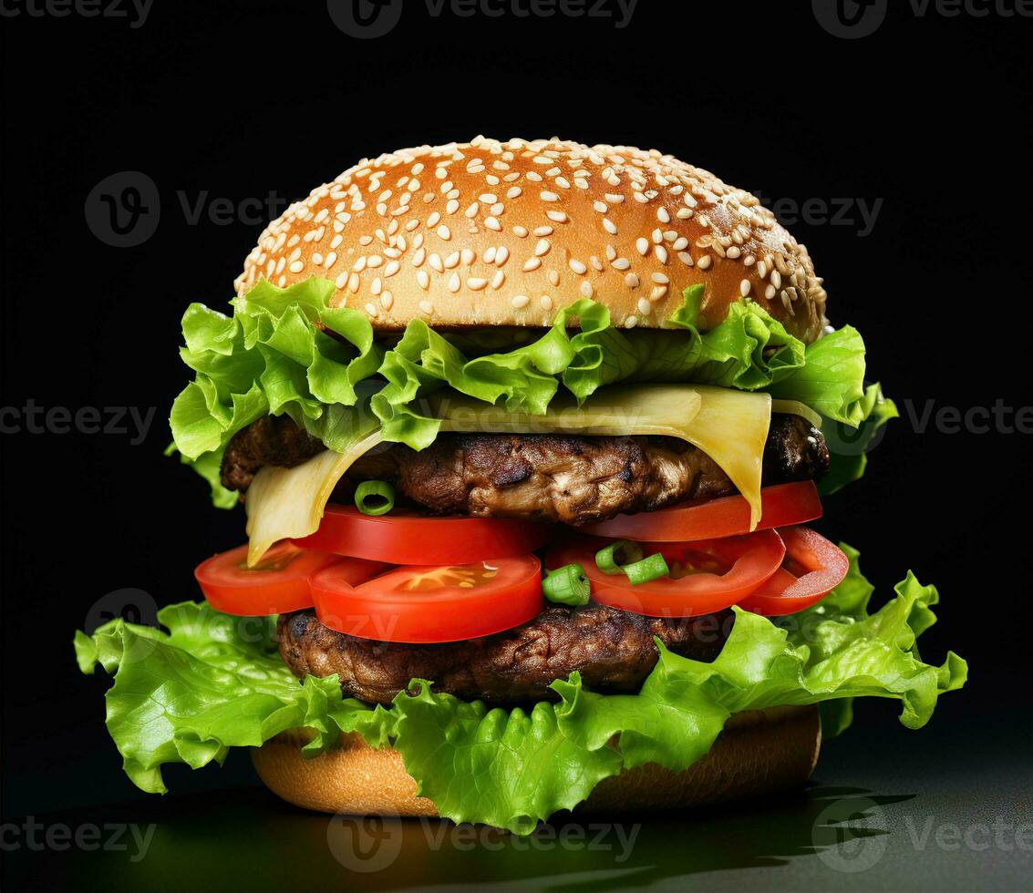 le parfait Hamburger avec fromage, bacon, cornichons, tomate, oignons et salade. établi avec génératif ai photo
