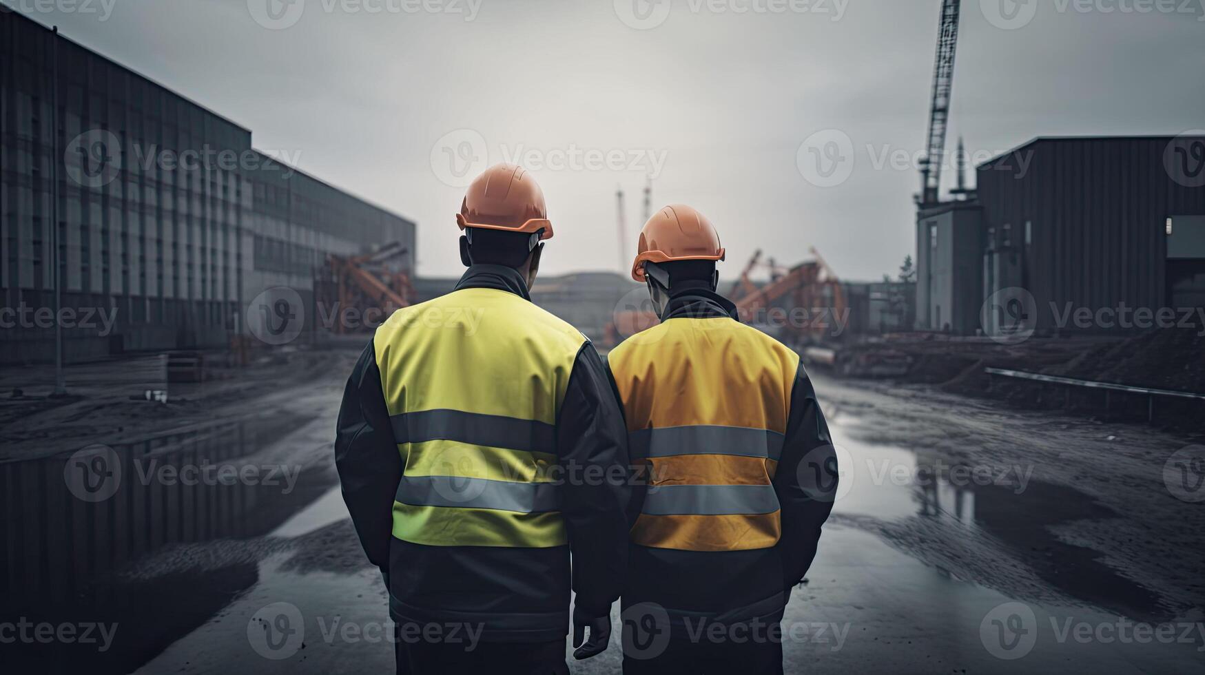 deux ouvriers, arrière voir, sur construction placer. ingénieurs dans protecteur uniformes et casques à travail. construction de bâtiments, établi avec génératif ai La technologie photo