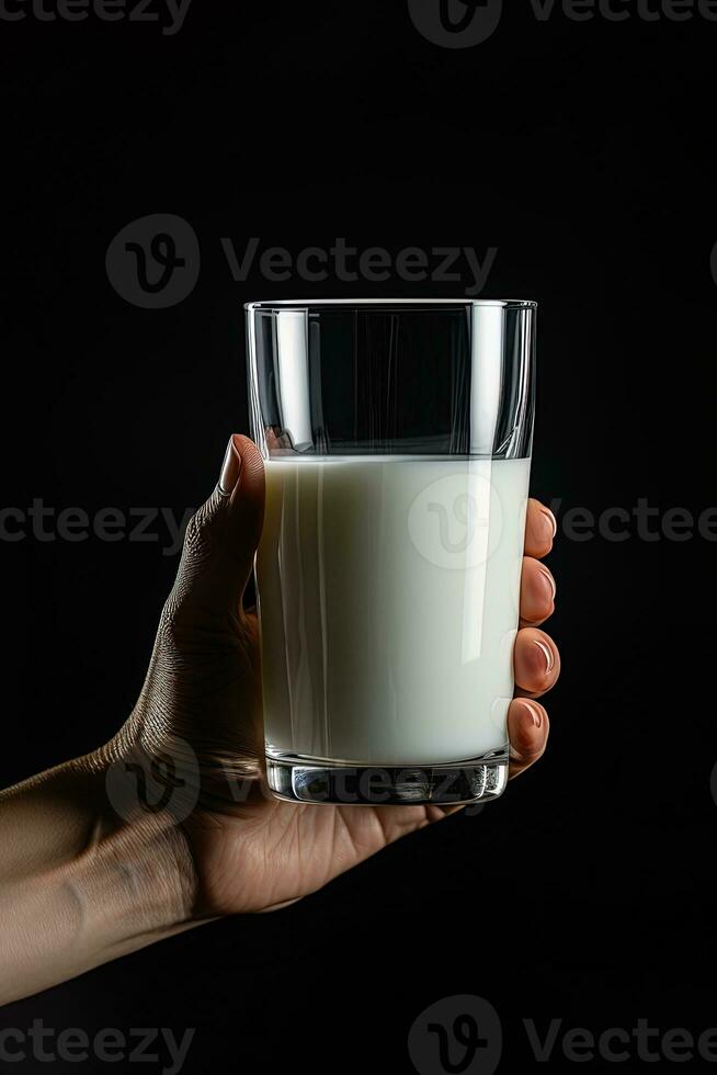 main en portant une verre de Frais Lait isolé sur noir Contexte. ai généré photo