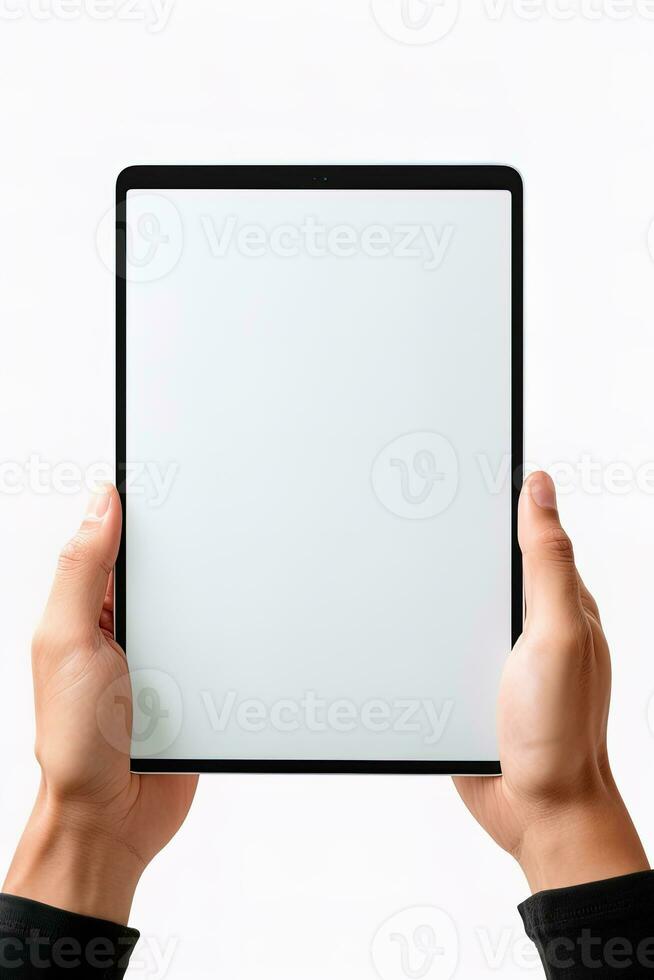 main en portant tablette avec maquette Vide écran isolé sur blanc Contexte. ai généré photo