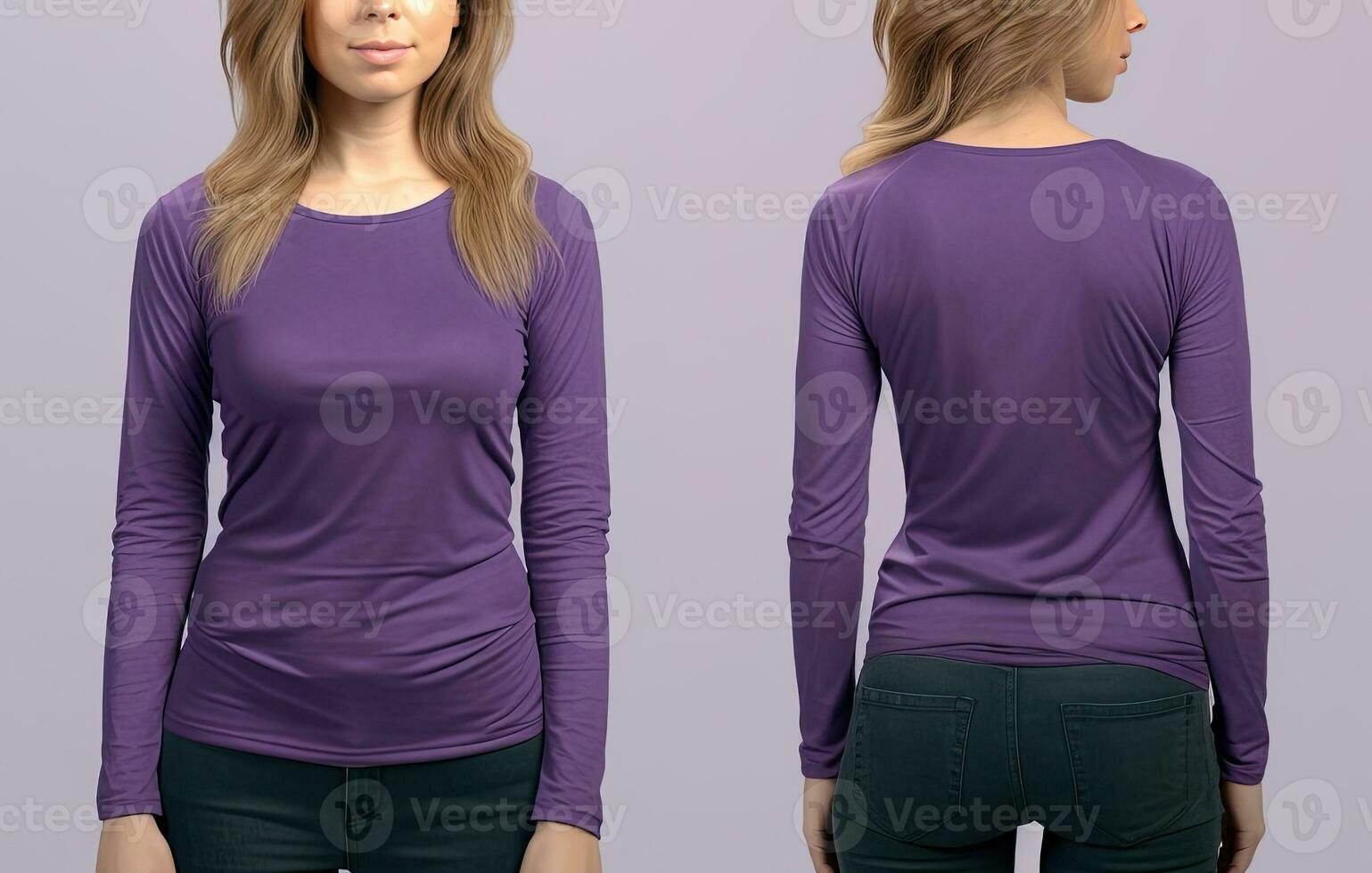 femme portant une violet T-shirt avec longue manches. de face et retour voir. ai généré photo