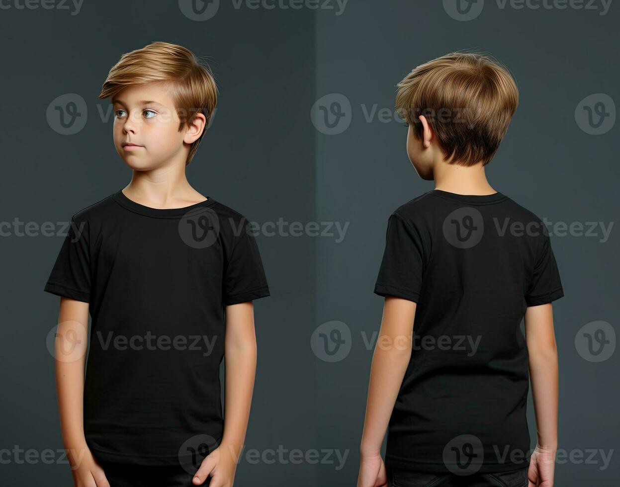 de face et retour vues de une peu garçon portant une noir T-shirt. ai généré photo
