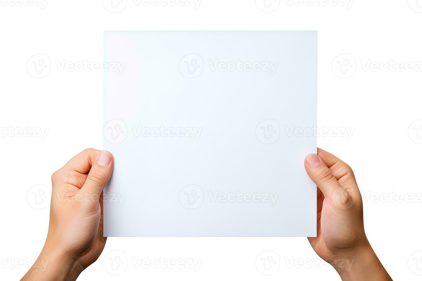 une Humain main en portant une Vide feuille de blanc papier ou carte isolé sur blanc Contexte. ai généré photo