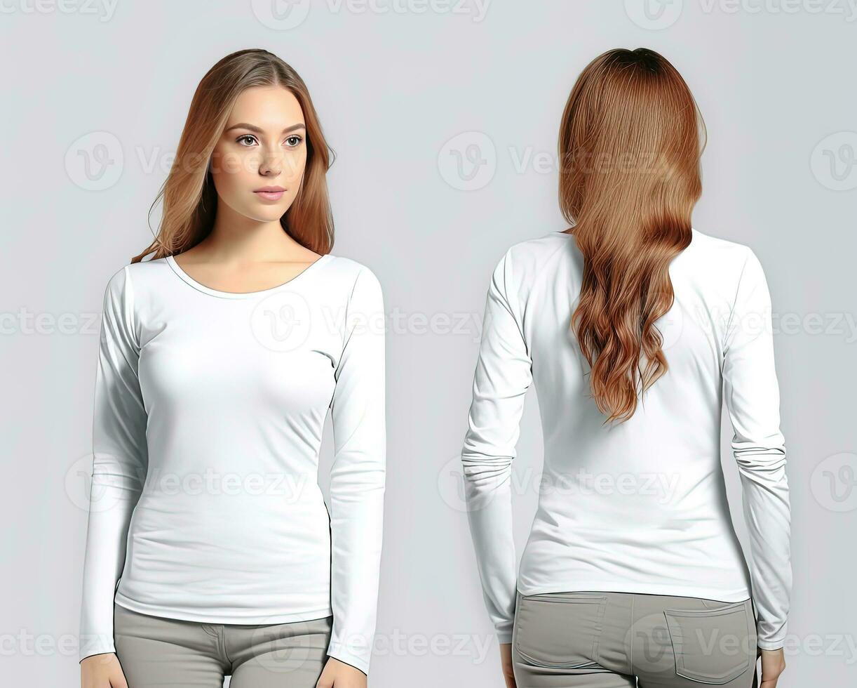 femme portant une blanc T-shirt avec longue manches. de face et retour voir. ai généré photo