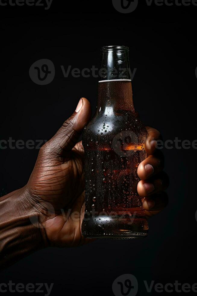 une Masculin main en portant en haut une bouteille de Bière isolé sur une noir Contexte. ai généré photo
