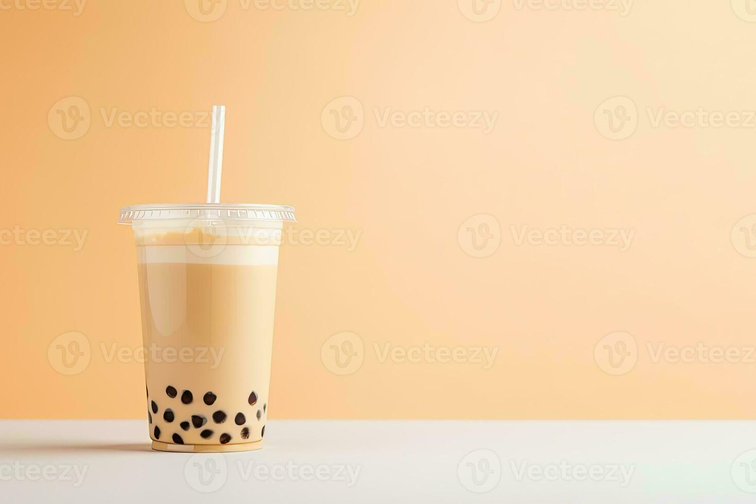 glacé Lait thé et bulle boba dans le Plastique verre sur le beige Contexte. ai généré photo