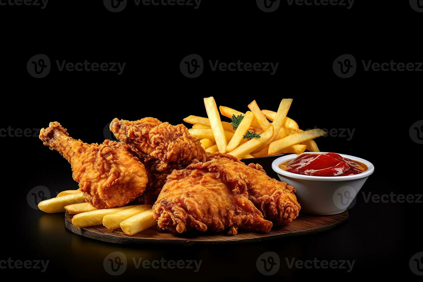 vite nourriture frit croustillant poulet et français frites patates avec ketchup sauce isolé sur foncé Contexte. ai généré photo