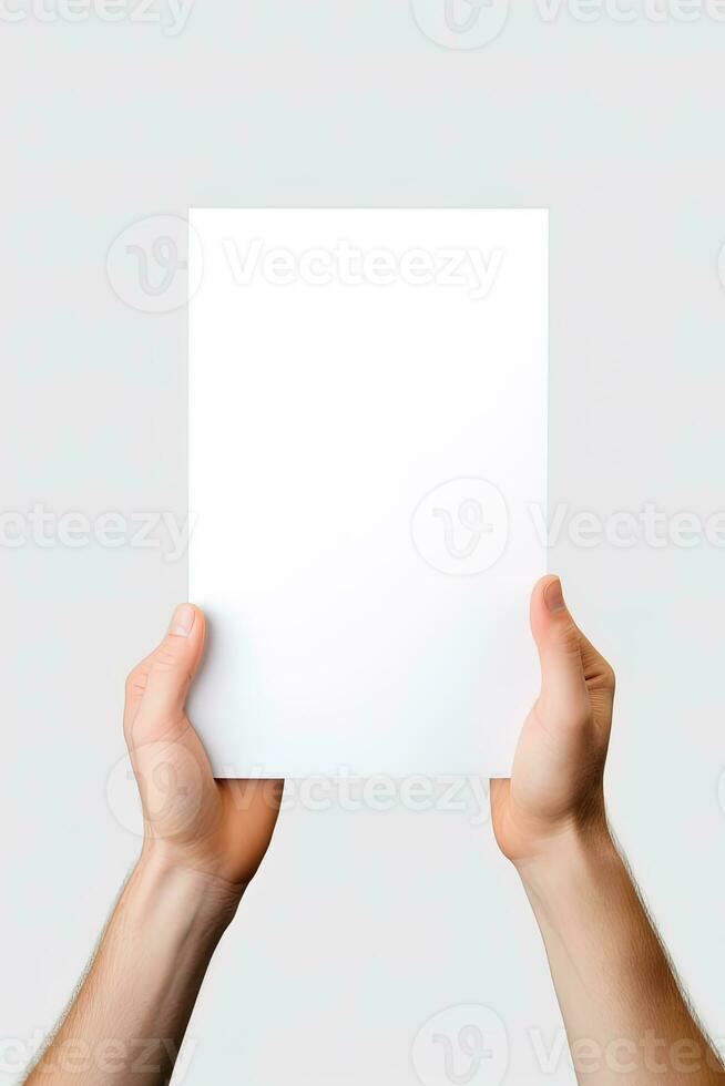 une Humain main en portant une Vide feuille de blanc papier ou carte isolé sur blanc Contexte. ai généré photo