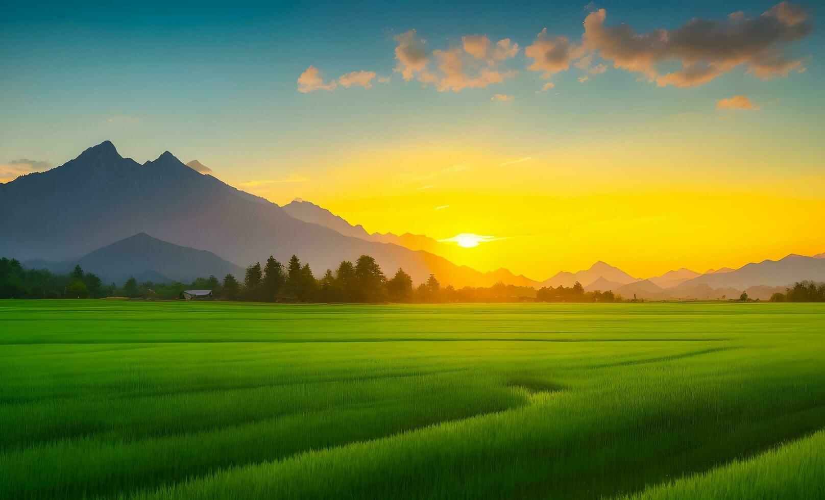 vert riz champ paysage et le coucher du soleil. ai généré photo