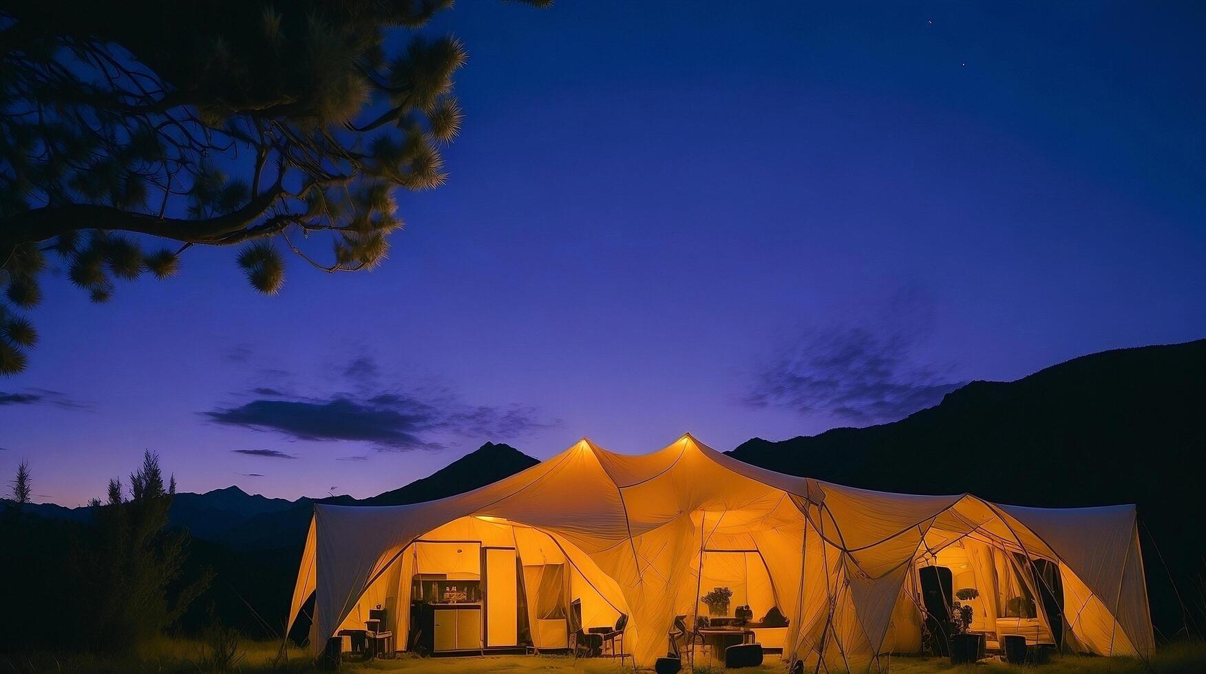 camping dans le montagnes à le coucher du soleil. ai génératif photo