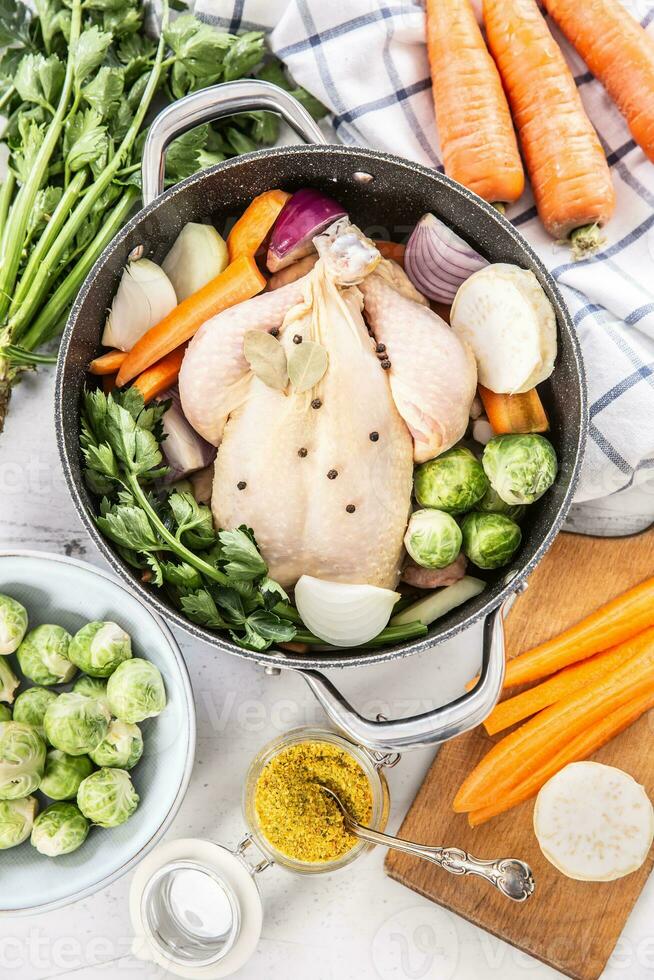 poulet prêt à cuisinier bouillon avec Frais racine des légumes et épices photo