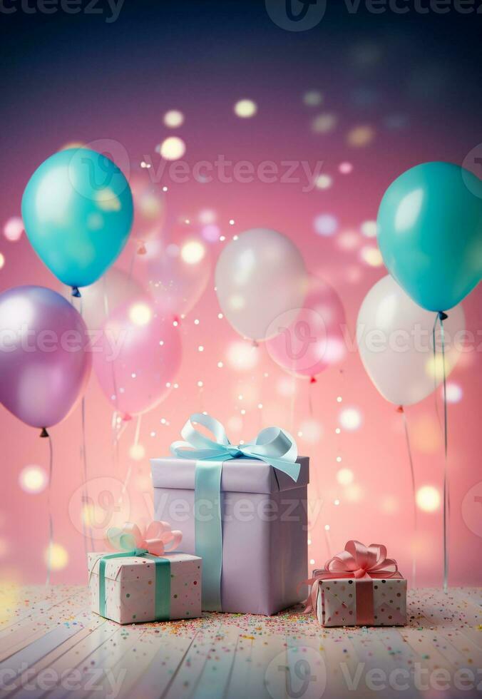 cadeau boîte pastel Contexte avec fête lumières et des ballons photo