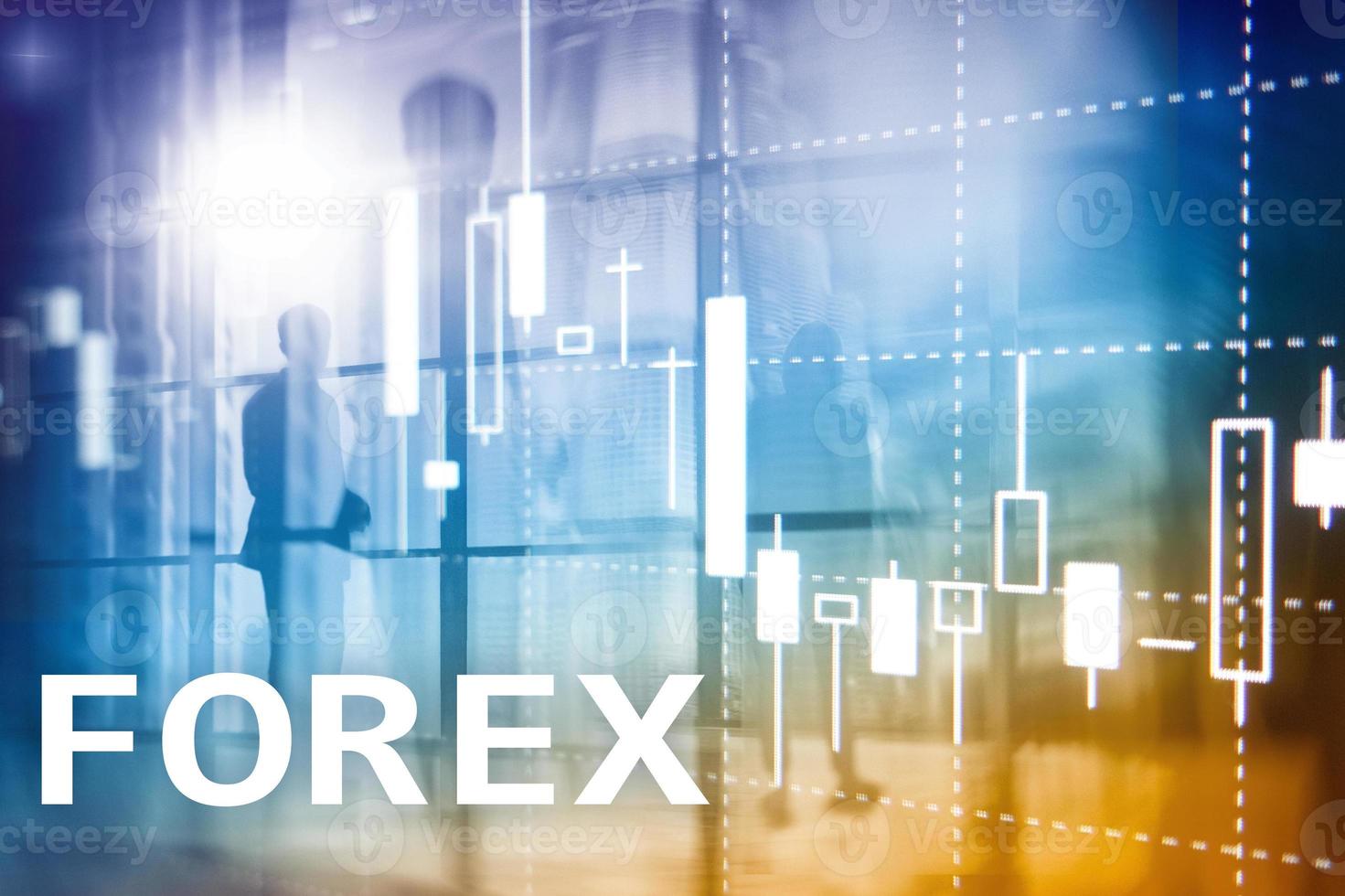 trading forex, tableau de bougies financières et graphiques sur fond flou de centre d'affaires. photo
