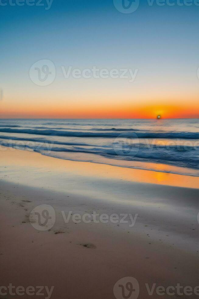 plage paysage avec le coucher du soleil voir, génératif ai photo