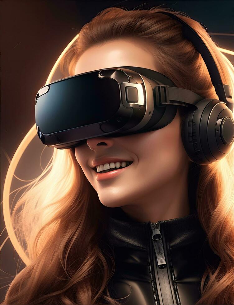 femme ayant amusement dans virtuel réalité, vr des lunettes photo