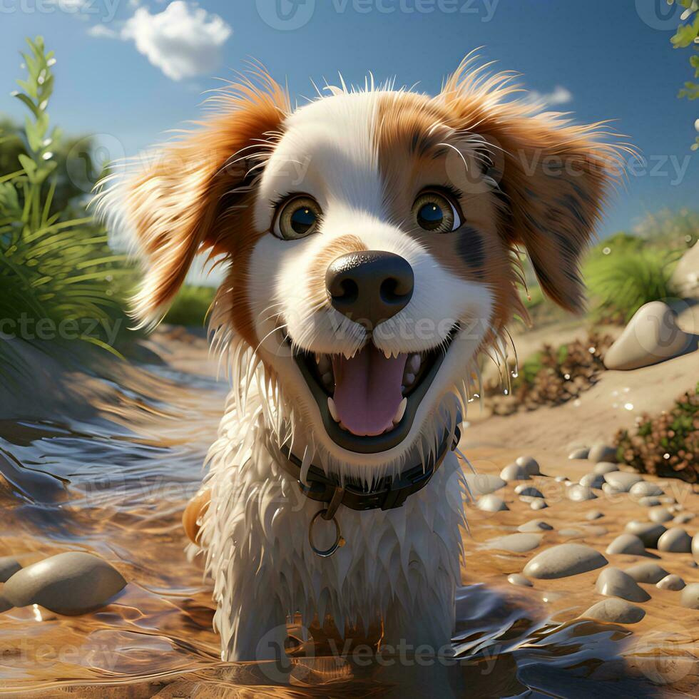 3d rendre de chien explorant le plage photo