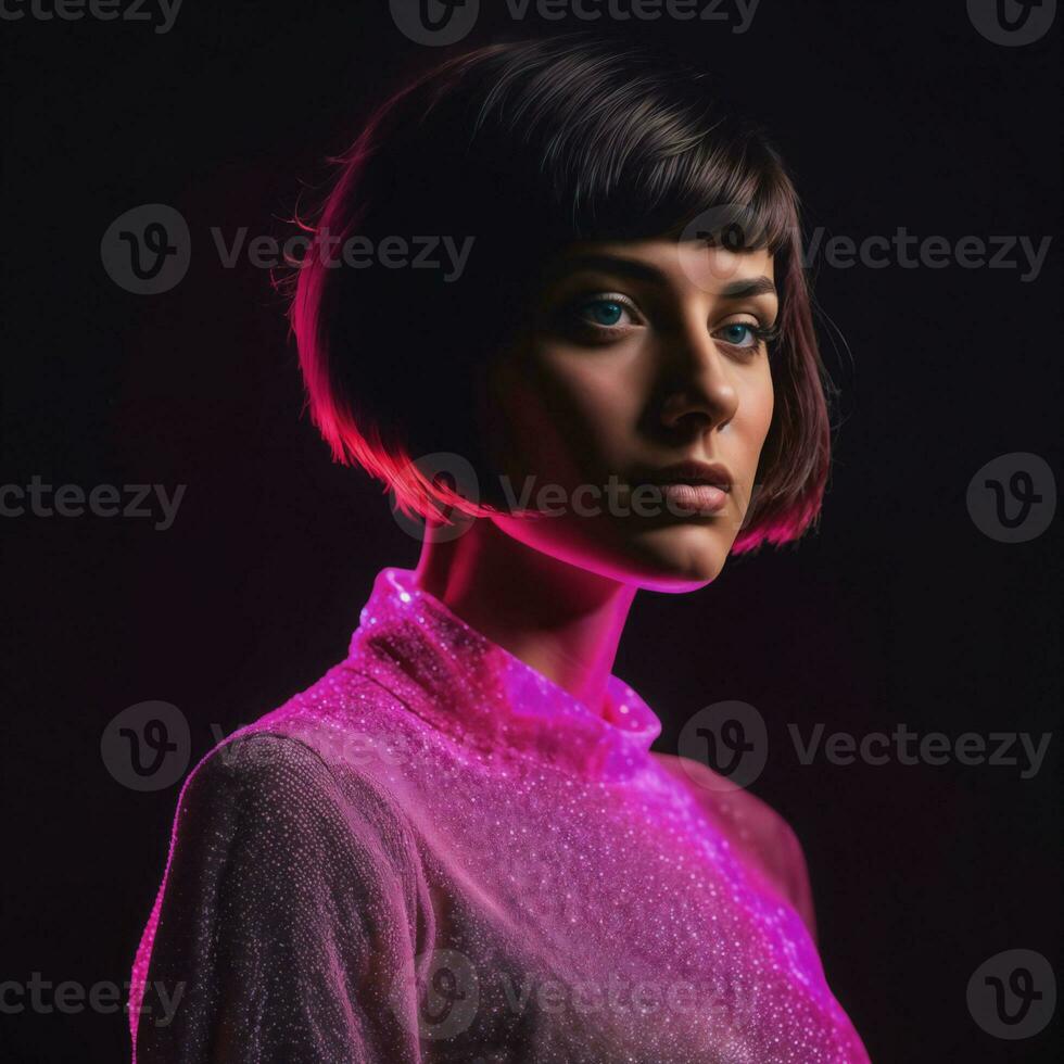 photo de magnifique femme avec court cheveux et mixte rose néon lumière, génératif ai