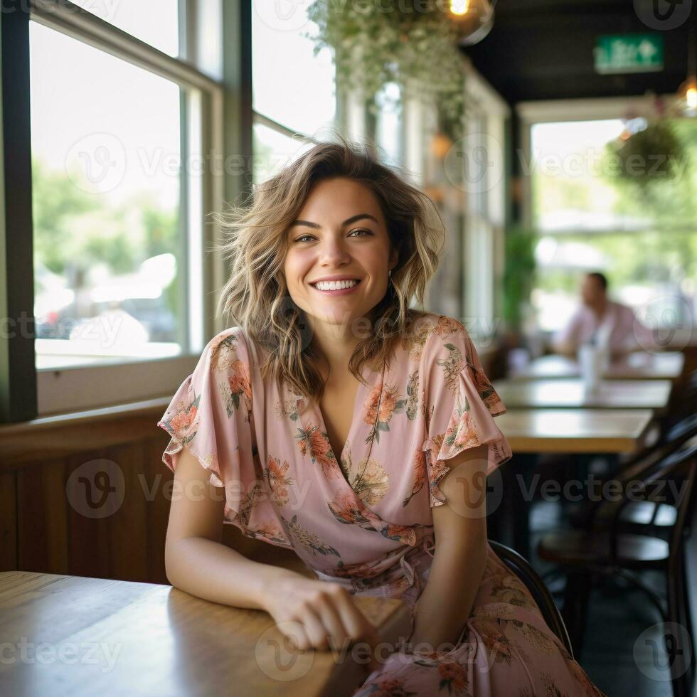 portrait de caucasien femme souriant dans café magasin café. content fille. relaxant femme dans café bar. content magnifique femme dans intérieur café café pendant gratuit temps. une femme Sam à café tableau. génératif ai. photo