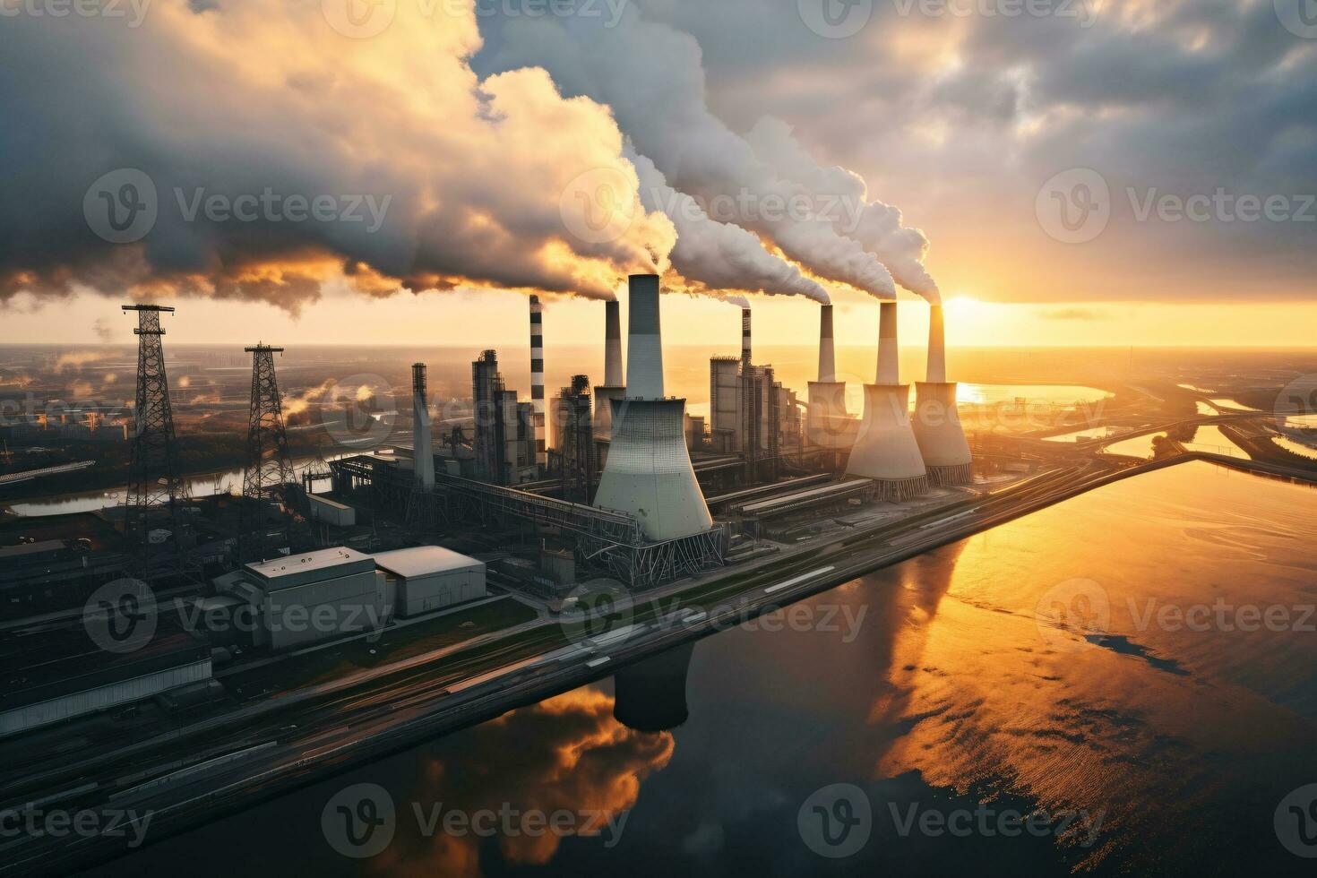industriel usine grand cheminées libéré enfumé les émissions de fumée tuyaux. CO2 serre gaz, se détériorer air qualité, air pollution, et climat changement. carbone dioxyde gaz. génératif ai. photo