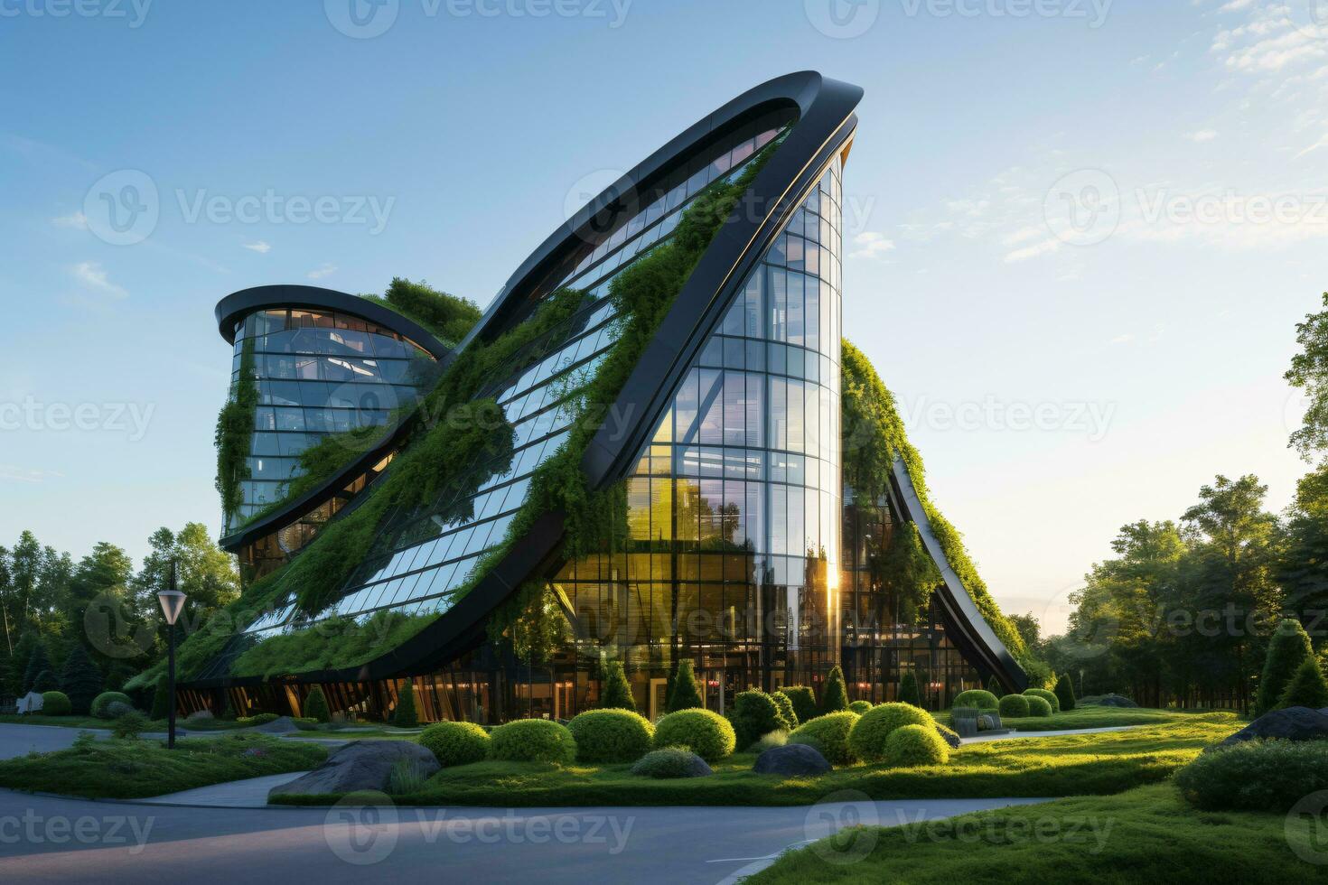 respectueux de la nature bâtiment dans le moderne ville. durable verre Bureau bâtiment avec arbre pour réduire carbone dioxyde. Bureau bâtiment avec vert environnement. entreprise bâtiment réduire co2. génératif ai. photo