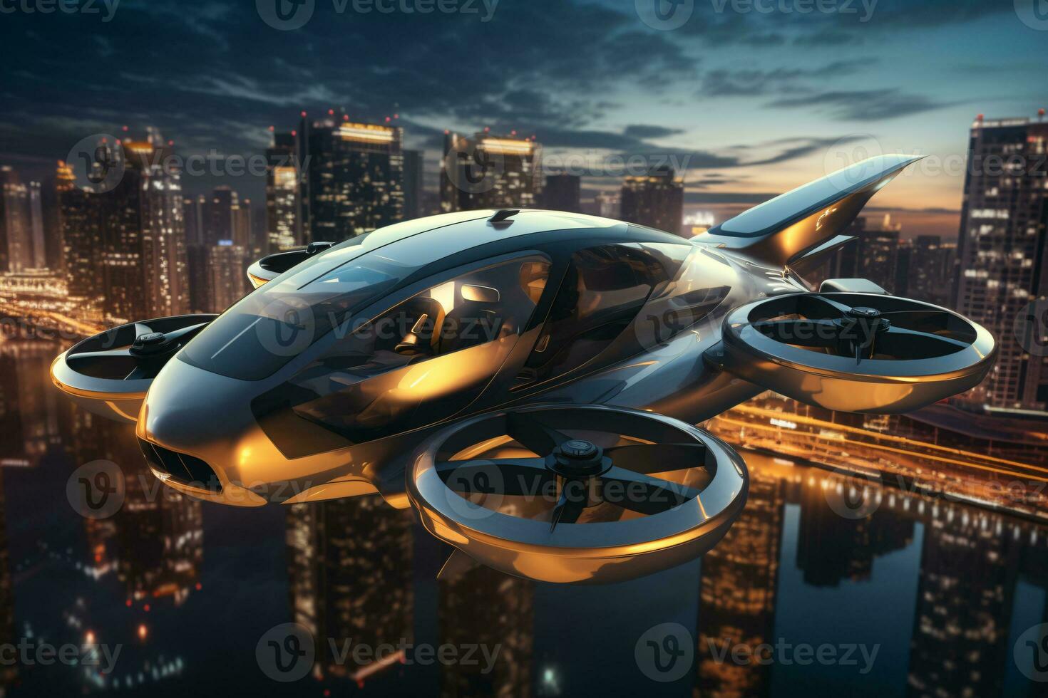 air Taxi et ville vue à nuit. air véhicule. personnel air transport. autonome aérien Taxi. en volant auto. Urbain aviation. futuriste technologie. électrique vtol passager avion. génératif ai. photo