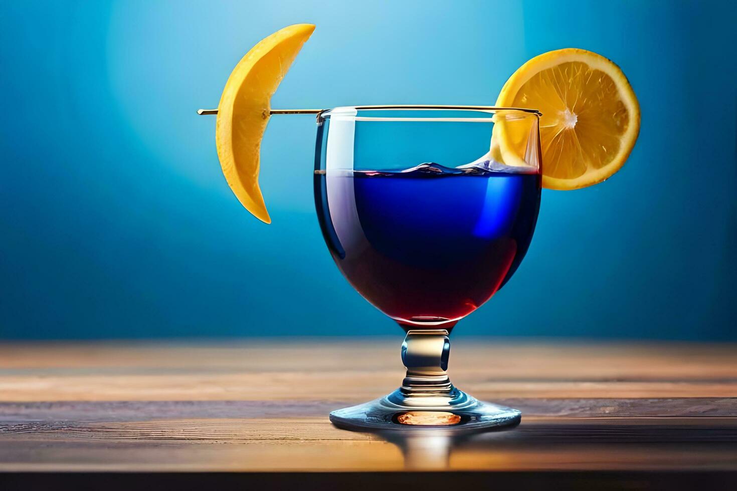 délicieux cocktail dans une verre gobelet servi avec citron tranche sur bleu Contexte ai généré photo