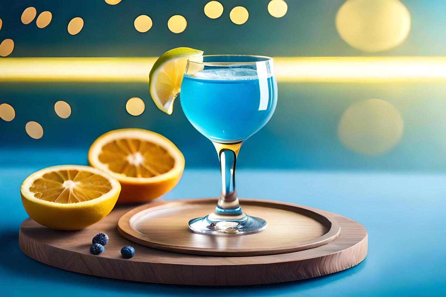 délicieux cocktail dans une verre gobelet servi avec citron tranche sur bleu Contexte ai généré photo