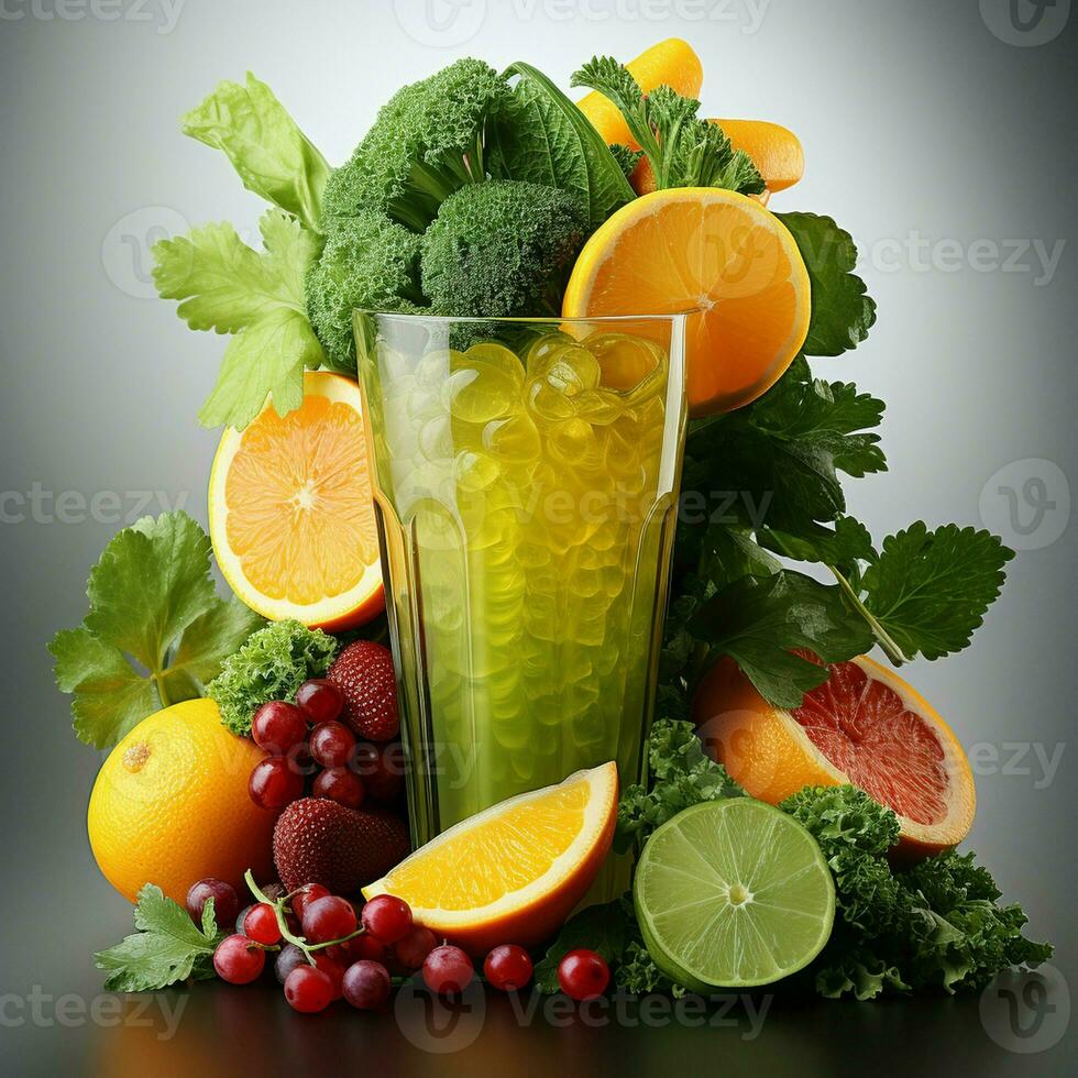 Frais jus verse de fruit et des légumes dans le verre isolé sur blanc Contexte photo