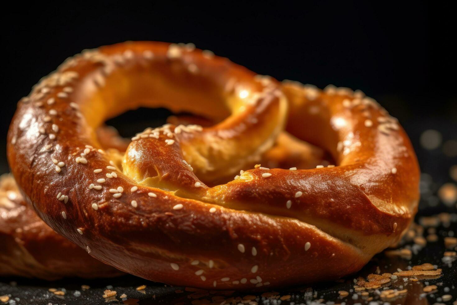 bretzel avec sésame des graines séance sur une table ai génératif photo