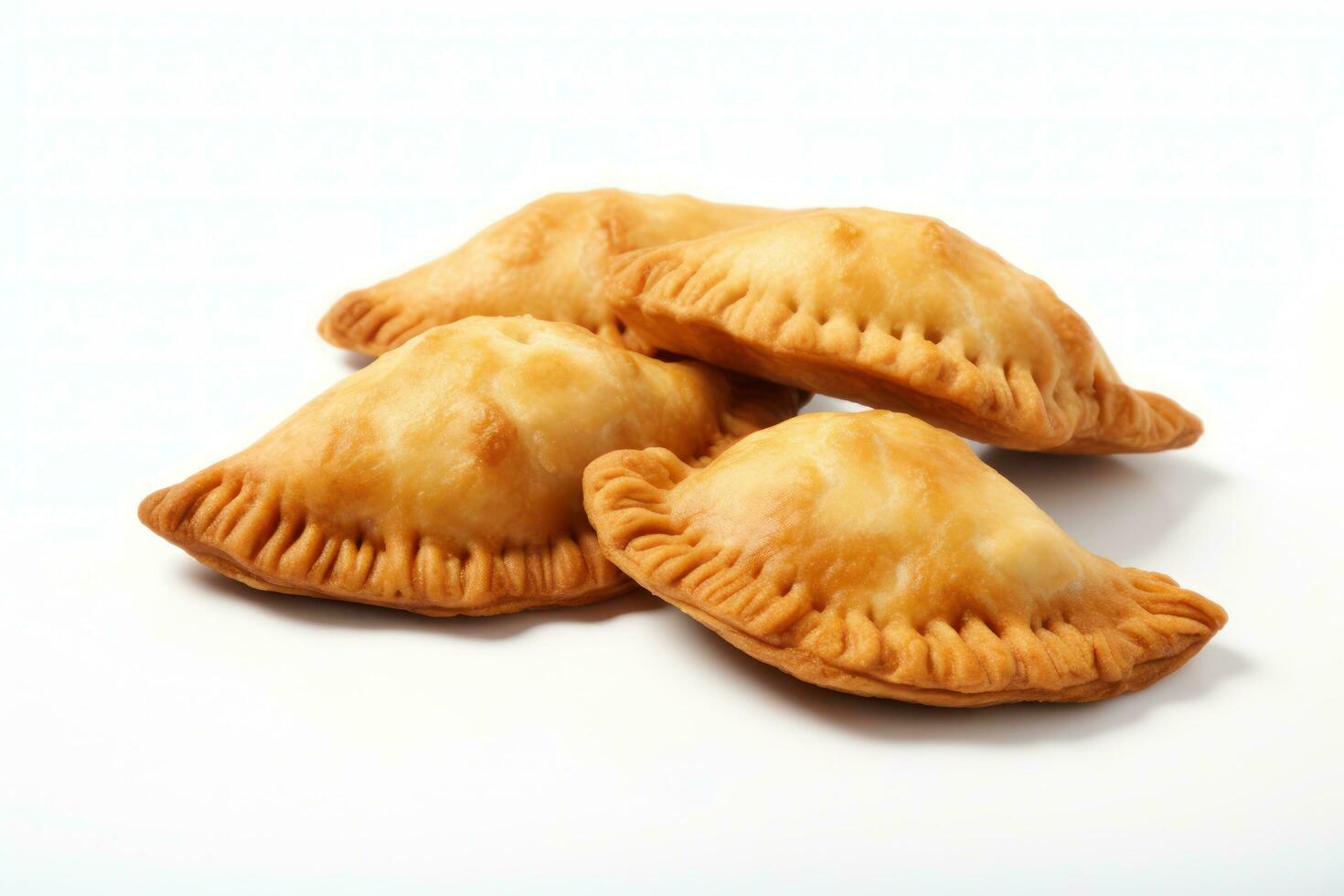 une groupe de Trois Empanadas séance sur Haut de une blanc table ai génératif photo