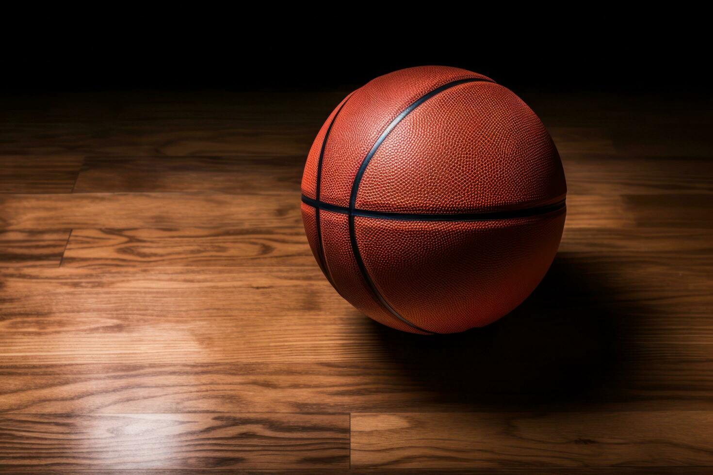 une basketball Balle est séance sur une en bois sol ai génératif photo