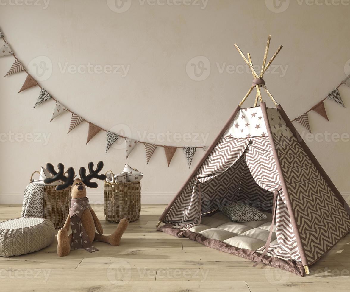 Intérieur de chambre d'enfant de style scandinave avec mobilier en bois naturel. maquette sur fond de mur. illustration de rendu 3d de style ferme pour enfants. photo