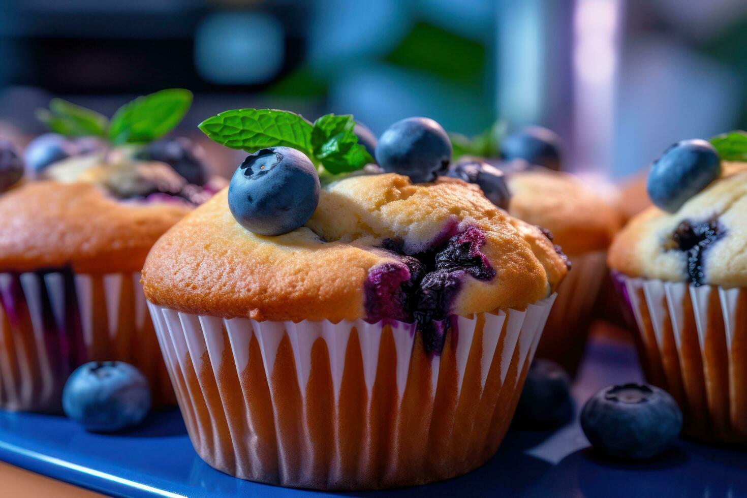 myrtille muffins sur une bleu assiette ai génératif photo