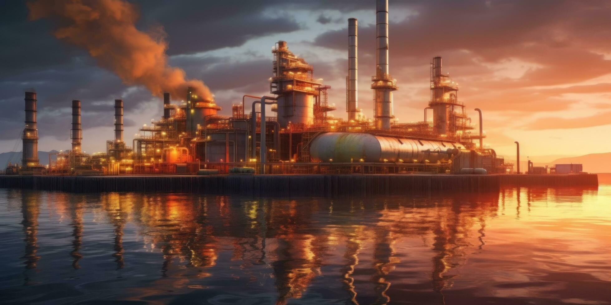 aérien vue de intelligent chimique pétrole raffinerie usine, Puissance plante sur soir vue Contexte ai généré photo