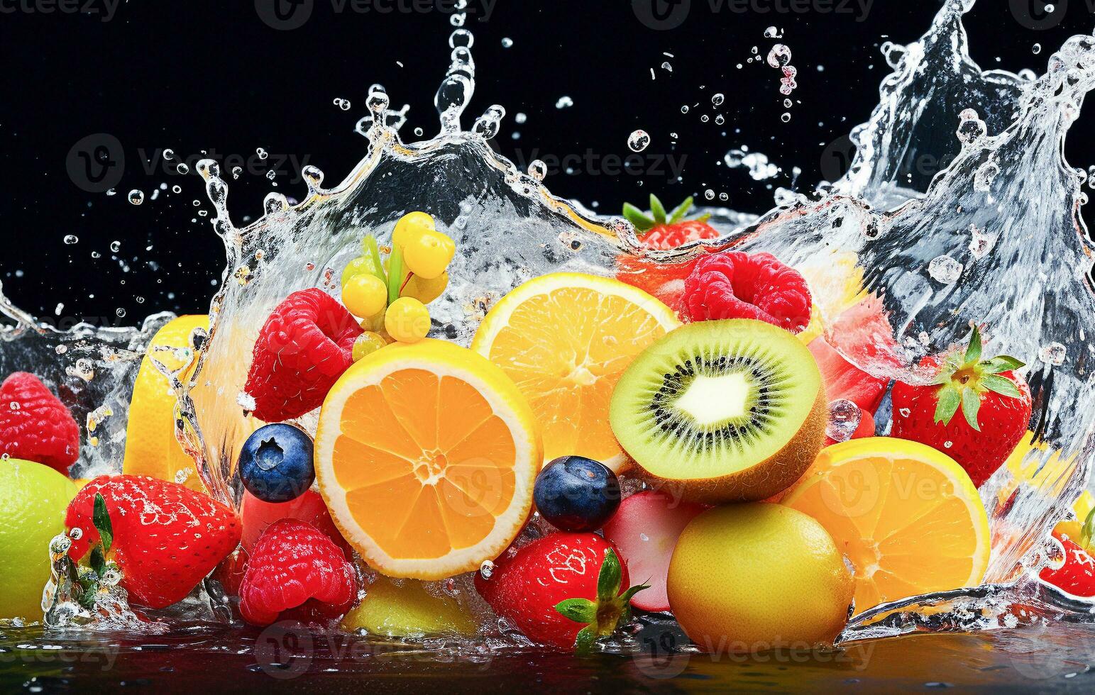 ai génératif. fruit salade dans l'eau éclaboussure photo