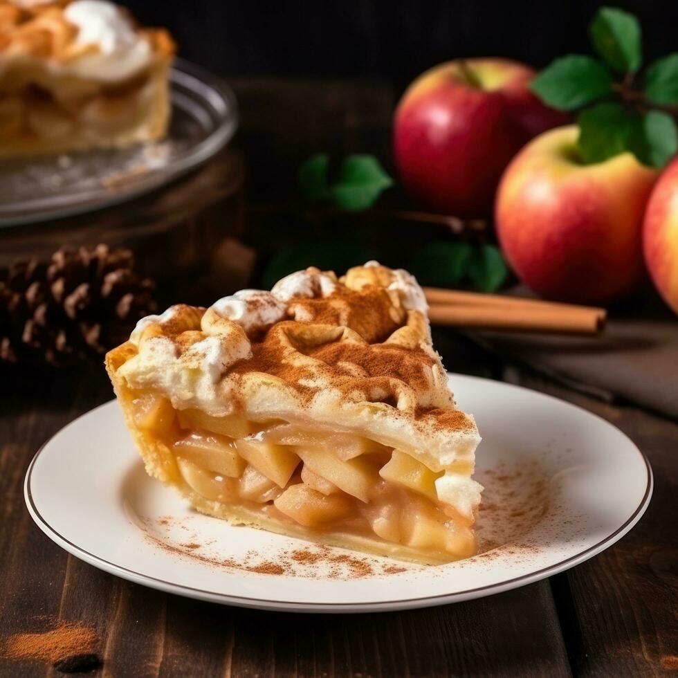 Pomme tarte mensonges sur une blanc assiette sur une en bois tableau. photo