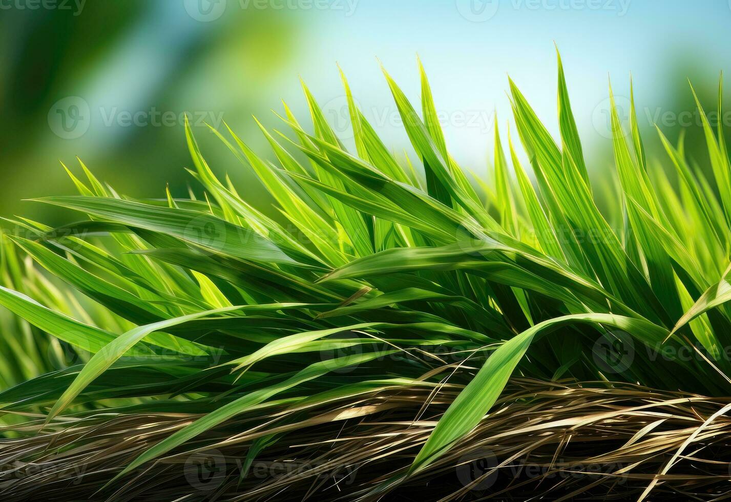 proche en haut de vert herbe avec bleu ciel Contexte. la nature Contexte - ai génératif photo