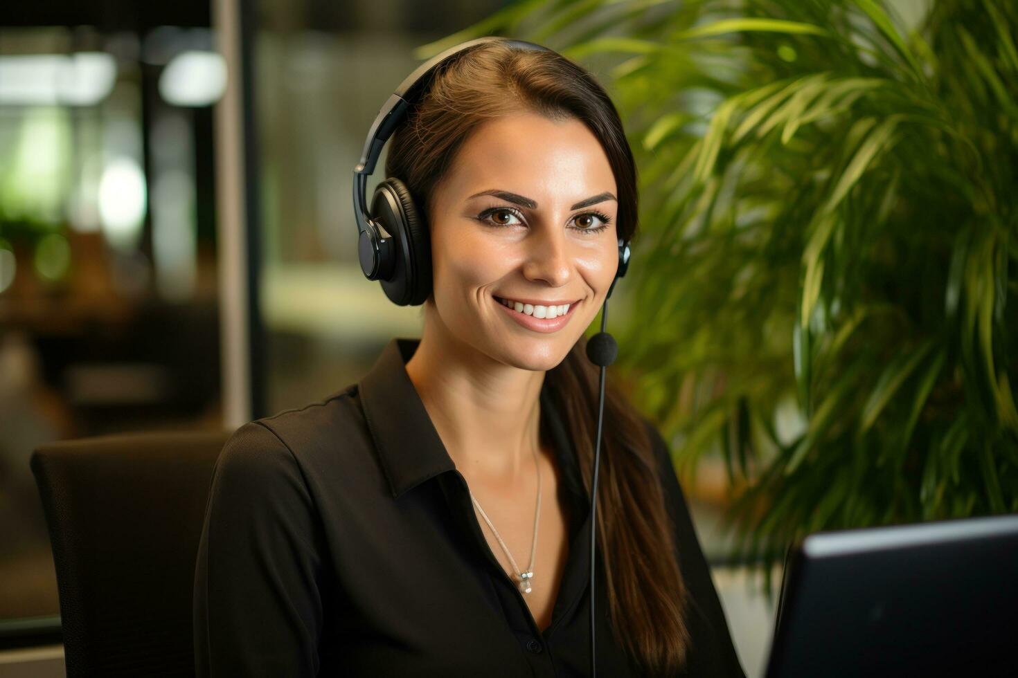 un Bureau femme souriant avec une casque sur sa ordinateur, photo