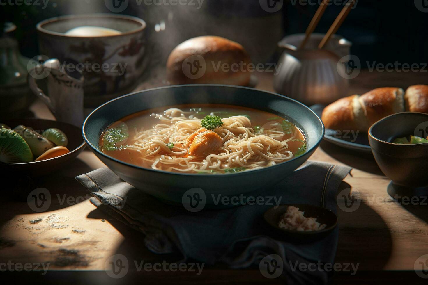 chinois soupe avec nouilles, poulet et cuit des légumes. ai génératif photo